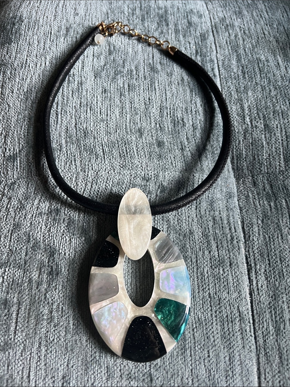 Black Cord Necklace with Multicolor Resin Oval Pendant